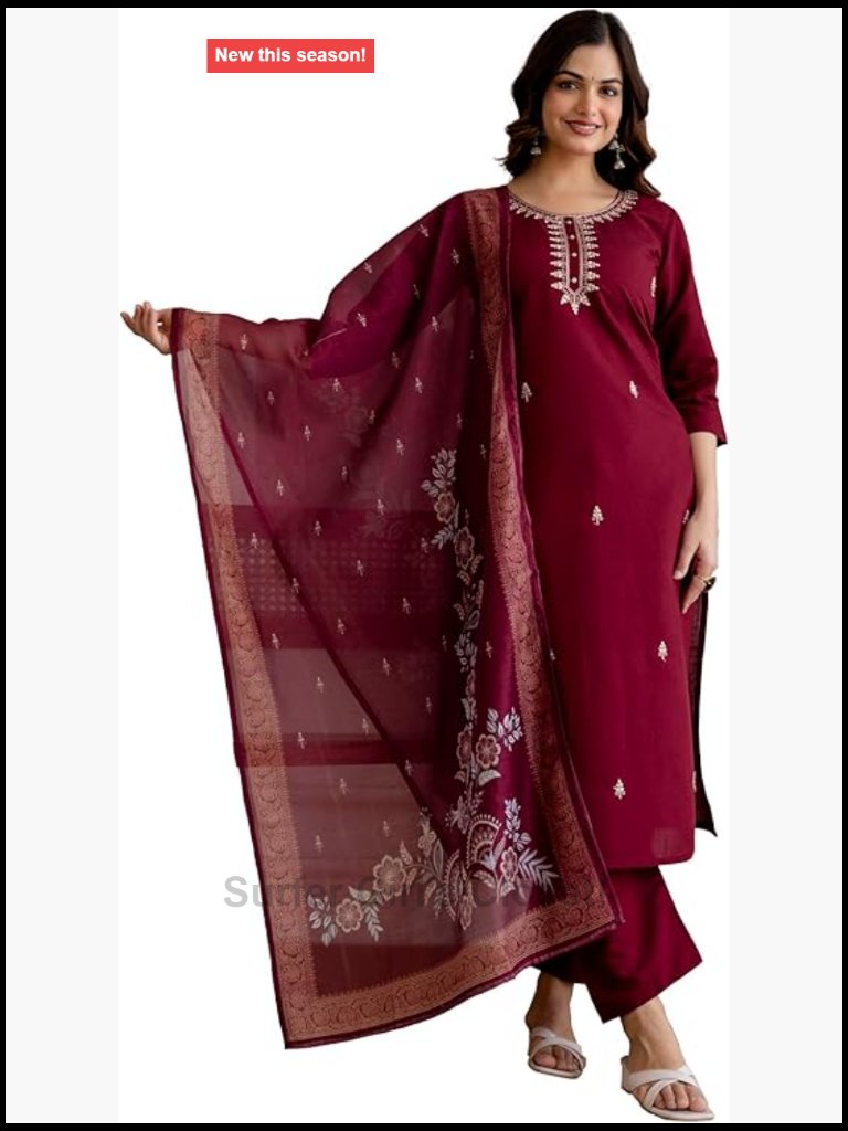 Chanderi Cotton Embroidered Kurta Pant Dupatta Set Ethnic Wear